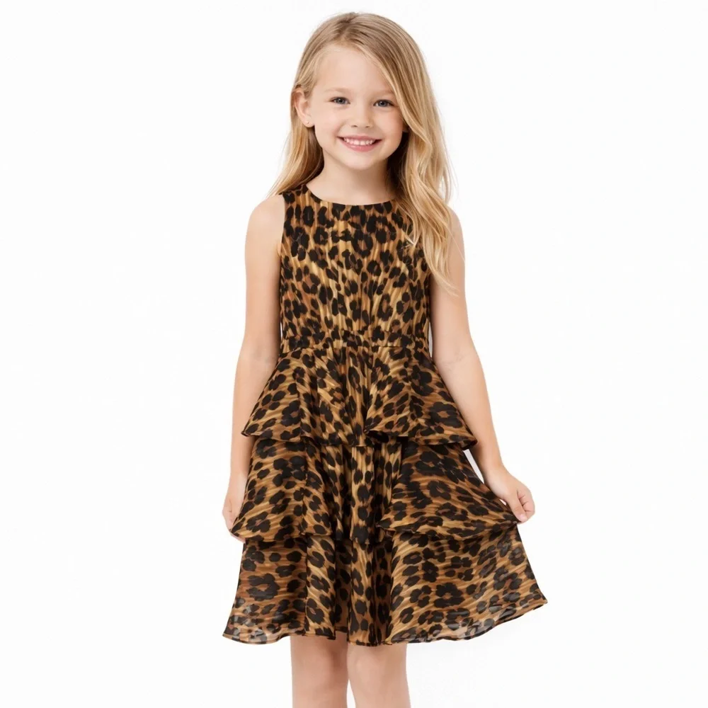 Milly Minis Leopard Print Tiered Ruffle Dress Girls Size 7/8